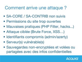 Comment arrive une attaque ?
• SA-CORE / SA-CONTRIB non suivis
• Permissions du site trop ouvertes
• Mauvaises pratiques (PHP Filter, hacks...)
• Attaque ciblée (Brute Force, XSS…)
• Identifiants compromis (admin/azerty)
• Serveur(s) vulnérable(s)
• Sauvegardes non-encryptées et volées ou
partagées avec des infos confidentielles
 