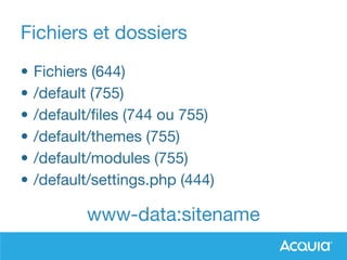 Fichiers et dossiers
• Fichiers (644)
• /default (755)
• /default/files (744 ou 755)
• /default/themes (755)
• /default/modules (755)
• /default/settings.php (444)
www-data:sitename
 