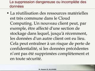 La suppression dangereuse ou incomplète des
données

• La réutilisation des ressources matérielles
est très commune dans le Cloud
Computing. Un nouveau client peut, par
exemple, être affecté d'une section de
stockage dans lequel, jusqu'à récemment,
les données d'un autre client ont eu lieu.
Cela peut entraîner à un risque de perte de
confidentialité, si les données précédentes
n’ont pas été supprimées complétement et
en toute sécurité.
- 23 M. Hassan EL ALLOUSSI

 