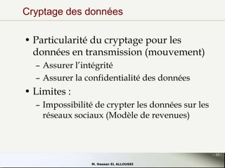 Cryptage des données

• Particularité du cryptage pour les
données en transmission (mouvement)
– Assurer l’intégrité
– Assurer la confidentialité des données

• Limites :
– Impossibilité de crypter les données sur les
réseaux sociaux (Modèle de revenues)

- 33 M. Hassan EL ALLOUSSI

 