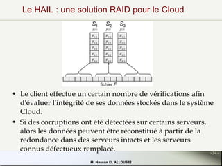Le HAIL : une solution RAID pour le Cloud

• Le client effectue un certain nombre de vérifications afin
d'évaluer l'intégrité de ses données stockés dans le système
Cloud.
• Si des corruptions ont été détectées sur certains serveurs,
alors les données peuvent être reconstitué à partir de la
redondance dans des serveurs intacts et les serveurs
connus défectueux remplacé.
- 34 M. Hassan EL ALLOUSSI

 