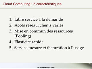 Cloud Computing : 5 caractéristiques

1. Libre service à la demande
2. Accès réseau, clients variés
3. Mise en commun des ressources
(Pooling)
4. Élasticité rapide
5. Service mesuré et facturation à l’usage

-6M. Hassan EL ALLOUSSI

 