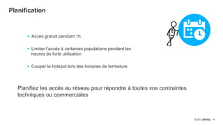12
Planification
 Accès gratuit pendant 1h
 Limiter l’accès à certaines populations pendant les
heures de forte utilisation
 Couper le hotspot lors des horaires de fermeture
Planifiez les accès au réseau pour répondre à toutes vos contraintes
techniques ou commerciales
 