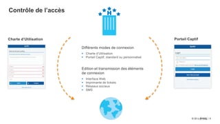 5
Contrôle de l’accès H
Charte d’Utilisation Portail Captif
Différents modes de connexion
 Charte d’Utilisation
 Portail Captif, standard ou personnalisé
Edition et transmission des éléments
de connexion
 Interface Web
 Imprimante de tickets
 Réseaux sociaux
 SMS
 