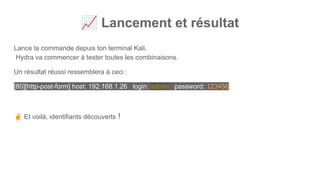 📈 Lancement et résultat
Lance la commande depuis ton terminal Kali.
Hydra va commencer à tester toutes les combinaisons.
Un résultat réussi ressemblera à ceci :
[80][http-post-form] host: 192.168.1.26 login: admin password: 123456
✌ Et voilà, identifiants découverts !
 