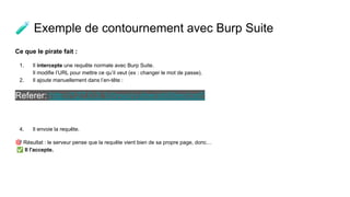 🧪 Exemple de contournement avec Burp Suite
Ce que le pirate fait :
1. Il intercepte une requête normale avec Burp Suite.
Il modifie l’URL pour mettre ce qu’il veut (ex : changer le mot de passe).
2. Il ajoute manuellement dans l’en-tête :
Referer: http://127.0.0.1/dvwa/vulnerabilities/csrf/
4. Il envoie la requête.
🎯 Résultat : le serveur pense que la requête vient bien de sa propre page, donc…
✅ Il l'accepte.
 