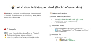 💣 Installation de Metasploitable2 (Machine Vulnérable)
🎯 Objectif : Disposer d’une machine volontairement
vulnérable pour s'entraîner au pentesting, à ne jamais
connecter à Internet !
🧰 Pré-requis
💻 Un hyperviseur installé (VirtualBox ou VMware)
📦 Télécharger l'image Metasploitable2 :
👉 https://sourceforge.net/projects/metasploitable/
🪜 Étapes d’installation
1⃣ Importer la VM dans VirtualBox
● Menu Fichier > Importer une appliance
● Sélectionner le fichier .ova téléchargé
● Lancer l’importation
2⃣ Configurer le réseau
● Dans les paramètres réseau de Metasploitable2 :
🌐 Choisir "Réseau interne" ou "Accès par pont" (pour
interaction avec Kali)
3⃣ Démarrer la VM
● Identifiants par défaut :
○ 🧑 Login : msfadmin
○ 🔐 Password : msfadmin
 