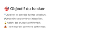 🎯 Objectif du hacker
🔍 Explorer les données d’autres utilisateurs.
🛠 Modifier ou supprimer des ressources.
🔓 Obtenir des privilèges administratifs.
📥 Télécharger des documents confidentiels.
 