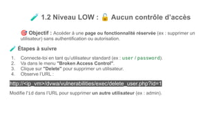 🧪 1.2 Niveau LOW : 🔓 Aucun contrôle d’accès
🎯 Objectif : Accéder à une page ou fonctionnalité réservée (ex : supprimer un
utilisateur) sans authentification ou autorisation.
🧪 Étapes à suivre
1. Connecte-toi en tant qu’utilisateur standard (ex : user / password).
2. Va dans le menu "Broken Access Control".
3. Clique sur "Delete" pour supprimer un utilisateur.
4. Observe l’URL :
http://<ip_vm>/dvwa/vulnerabilities/exec/delete_user.php?id=1
Modifie l'id dans l’URL pour supprimer un autre utilisateur (ex : admin).
 