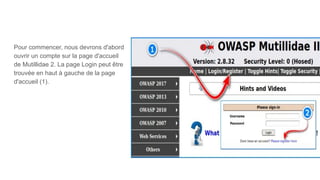 Pour commencer, nous devrons d'abord
ouvrir un compte sur la page d'accueil
de Mutillidae 2. La page Login peut être
trouvée en haut à gauche de la page
d'accueil (1).
 