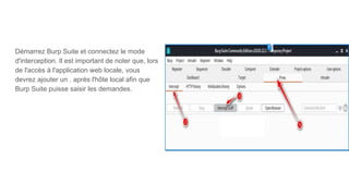Démarrez Burp Suite et connectez le mode
d'interception. Il est important de noter que, lors
de l'accès à l'application web locale, vous
devrez ajouter un . après l'hôte local afin que
Burp Suite puisse saisir les demandes.
 