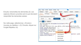 Ensuite, transmettez les demandes (2). Les
captures d'écran suivantes sont à quoi devraient
ressembler les demandes saisies:
Sur cette page, sélectionnez « Envoie à
nouveau au répéteur » (3). Ensuite, cliquez sur
l'onglet Répéteur (4).
 