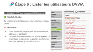 🧬 Étape 6 : Lister les utilisateurs DVWA
1' UNION SELECT user, password FROM users -- -
🟢 Résultat attendu :
Tu vois les noms d’utilisateurs et leurs hashs de mots de
passe
🧠 Explication :
● Tu as injecté une requête pour lire directement la
table users de DVWA
● Les mots de passe sont stockés en hash (MD5) : ils
ne sont pas en clair, mais on peut les cracker avec
des outils (comme john ou hashcat)
 