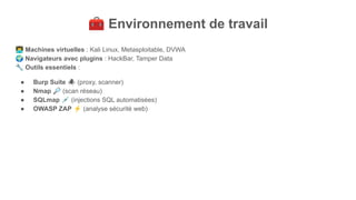 🧰 Environnement de travail
󰞵 Machines virtuelles : Kali Linux, Metasploitable, DVWA
🌍 Navigateurs avec plugins : HackBar, Tamper Data
🔧 Outils essentiels :
● Burp Suite 🕷 (proxy, scanner)
● Nmap 🔎 (scan réseau)
● SQLmap 💉 (injections SQL automatisées)
● OWASP ZAP ⚡ (analyse sécurité web)
 