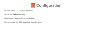 🧱 Configuration
Va dans http://localhost/dvwa/
Clique sur DVWA Security
Sélectionne High et clique sur Submit
Clique ensuite sur SQL Injection dans le menu
 