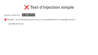 ❌ Test d’injection simple
Essaie maintenant : 1' OR '1'='1
🔴 Résultat : ça ne fonctionne pas du tout, tu as probablement un message comme :
User ID not found
 