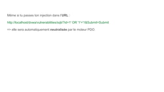 Même si tu passes ton injection dans l’URL :
http://localhost/dvwa/vulnerabilities/sqli/?id=1' OR '1'='1&Submit=Submit
=> elle sera automatiquement neutralisée par le moteur PDO.
 