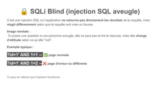 🔒 SQLi Blind (injection SQL aveugle)
C’est une injection SQL où l’application ne retourne pas directement les résultats de la requête, mais
réagit différemment selon que la requête soit vraie ou fausse.
Image mentale :
Tu poses une question à une personne aveugle, elle ne peut pas te lire la réponse, mais elle change
d’attitude selon ce qu’elle "voit".
Exemple typique :
?id=1' AND 1=1 -- ✅ page normale
?id=1' AND 1=2 -- ❌ page d'erreur ou différente
Tu peux en déduire que l’injection fonctionne.
 