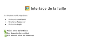 🖼 Interface de la faille
Tu arrives sur une page avec :
● Un champ Username
● Un champ Password
● Un bouton Login
✅ Pas de limite de tentative
✅ Pas de protection anti-bot
✅ Pas de délai entre les tentatives
 