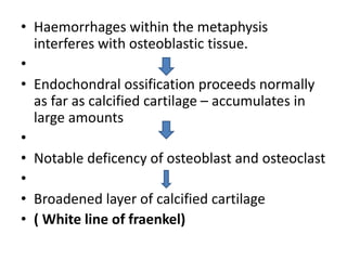 • Haemorrhages within the metaphysis
interferes with osteoblastic tissue.
•
• Endochondral ossification proceeds normally
as far as calcified cartilage – accumulates in
large amounts
•
• Notable deficency of osteoblast and osteoclast
•
• Broadened layer of calcified cartilage
• ( White line of fraenkel)
 