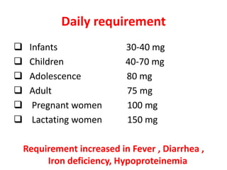 Daily requirement
 Infants 30-40 mg
 Children 40-70 mg
 Adolescence 80 mg
 Adult 75 mg
 Pregnant women 100 mg
 Lactating women 150 mg
Requirement increased in Fever , Diarrhea ,
Iron deficiency, Hypoproteinemia
 