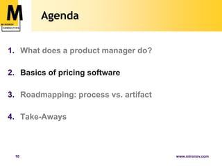  Most products fail to thriveAgendaWhat does a product manager do?Basics of pricing softwareRoadmapping: process vs. artifactTake-Aways