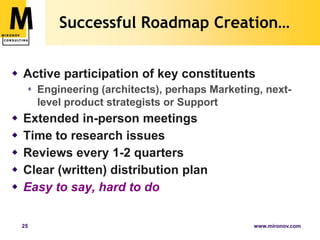 Benefits of a Solid RoadmapIdentify/clarify tactical and strategic intentInternallyBecomes a filter for prioritizationEnsures “ship is headed in the right direction”Avoids the “last/loudest” priority problemExternallyNear-term commitments and long term view for customersBinds best customers to your company