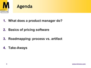 AgendaWhat does a product manager do?Basics of pricing softwareRoadmapping: process vs. artifactTake-Aways