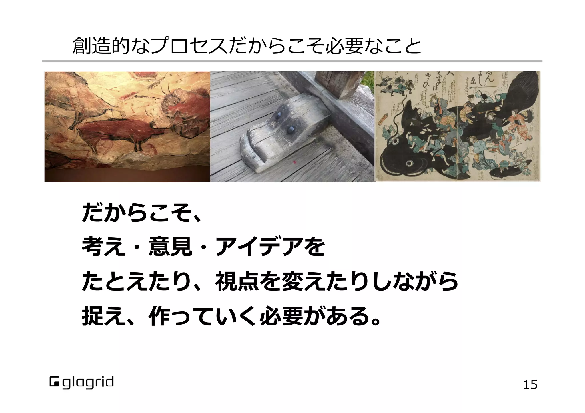 創造的なプロセスだからこそ必要なこと

だからこそ、
考え・意⾒見見・アイデアを
たとえたり、視点を変えたりしながら
捉え、作っていく必要がある。
15

 