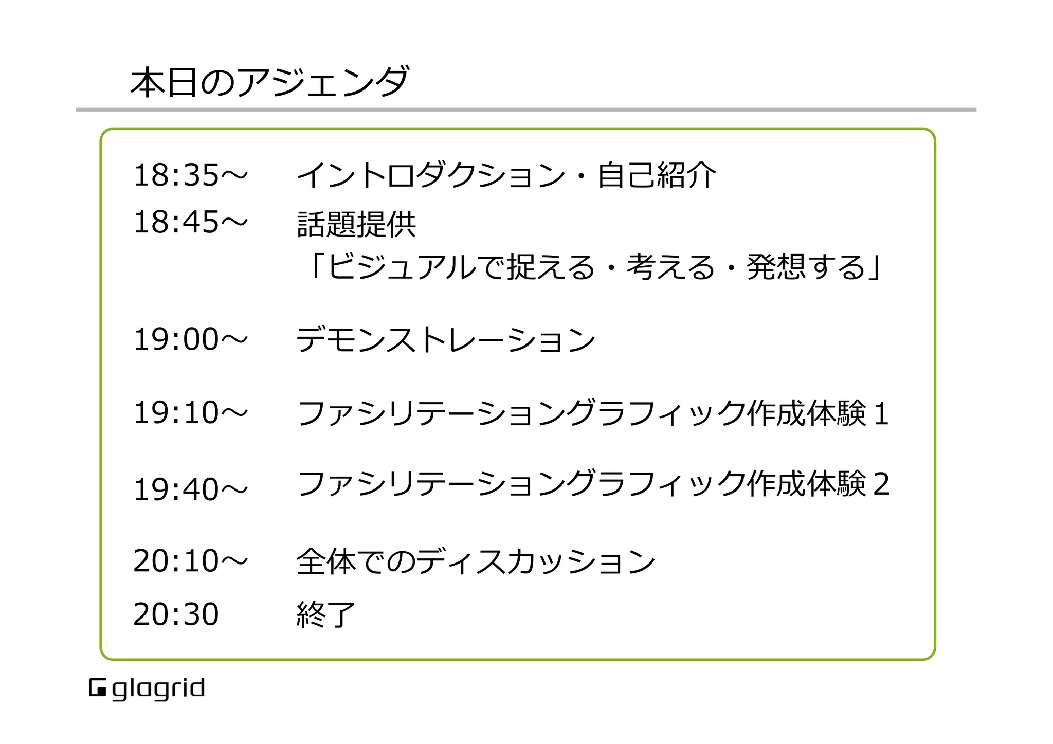 本⽇日のアジェンダ
18:35〜～

イントロダクション・⾃自⼰己紹介

18:45〜～

話題提供
「ビジュアルで捉える・考える・発想する」

19:00〜～

デモンストレーション

19:10〜～

ファシリテーショングラフィック作成体験１

19:40〜～

ファシリテーショングラフィック作成体験２

20:10〜～

全体でのディスカッション

20:30

終了了

 