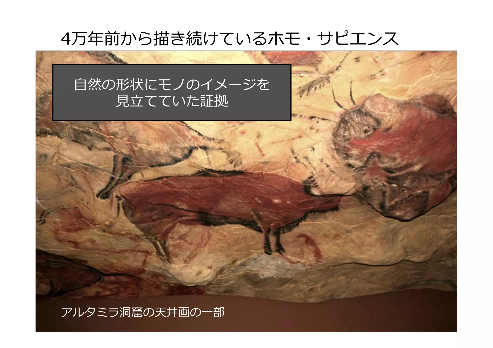 4万年年前から描き続けているホモ・サピエンス
⾃自然の形状にモノのイメージを
⾒見見⽴立立てていた証拠

アルタミラ洞洞窟の天井画の⼀一部

 