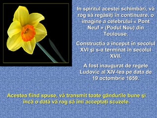 In spiritul acestei schimbări, vă rog să regăsiţi în continuare, o imagine a celebrului « Pont Neuf » (Podul Nou) din Toulouse. Construcţia a început în secolul XVI şi s-a terminat în secolul XVII. A fost inaugurat de regele Ludovic al XIV-lea pe data de 19 octombrie 1659. Acestea fiind spuse, vă transmit toate gândurile bune şi încă o dată vă rog să îmi acceptaţi scuzele. 