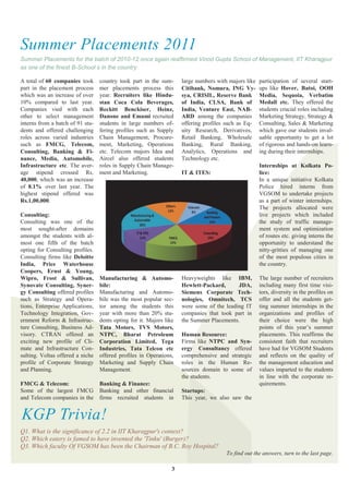Summer Placements 2011
Summer Placements for the batch of 2010-12 once again reaffirmed Vinod Gupta School of Management, IIT Kharagpur
as one of the finest B-School s in the country.

A total of 60 companies took      country took part in the sum-      large numbers with majors like   participation of several start-
part in the placement process     mer placements process this        Citibank, Nomura, ING Vy-        ups like Hover, Batoi, OOH
which was an increase of over     year. Recruiters like Hindu-       sya, CRISIL, Reserve Bank        Media, Sequoia, Verbatim
10% compared to last year.        stan Coca Cola Beverages,          of India, CLSA, Bank of          Medall etc. They offered the
Companies vied with each          Reckitt Benckiser, Heinz,          India, Venture East, NAB-        students crucial roles including
other to select management        Danone and Emami recruited         ARD among the companies          Marketing Strategy, Strategy &
interns from a batch of 91 stu-   students in large numbers of-      offering profiles such as Eq-    Consulting, Sales & Marketing
dents and offered challenging     fering profiles such as Supply     uity Research, Derivatives,      which gave our students inval-
roles across varied industries    Chain Management, Procure-         Retail Banking, Wholesale        uable opportunity to get a lot
such as FMCG, Telecom,            ment, Marketing, Operations        Banking, Rural Banking,          of rigorous and hands-on learn-
Consulting, Banking & Fi-         etc. Telecom majors Idea and       Analytics, Operations and        ing during their internships.
nance, Media, Automobile,         Aircel also offered students       Technology etc.
Infrastructure etc. The aver-     roles in Supply Chain Manage-                                       Internships at Kolkata Po-
age stipend crossed Rs.           ment and Marketing.                IT & ITES:                       lice:
40,000, which was an increase                                                                         In a unique initiative Kolkata
of 8.1% over last year. The                                                                           Police hired interns from
highest stipend offered was                                                                           VGSOM to undertake projects
Rs.1,00,000.                                                                                          as a part of winter internships.
                                                                                                      The projects allocated were
Consulting:                                                                                           live projects which included
Consulting was one of the                                                                             the study of traffic manage-
most sought-after domains                                                                             ment system and optimization
amongst the students with al-                                                                         of routes etc. giving interns the
most one fifth of the batch                                                                           opportunity to understand the
opting for Consulting profiles.                                                                       nitty-gritties of managing one
Consulting firms like Deloitte                                                                        of the most populous cities in
India, Price Waterhouse                                                                               the country.
Coopers, Ernst & Young,
Wipro, Frost & Sullivan,          Manufacturing & Automo-            Heavyweights like IBM,           The large number of recruiters
Synovate Consulting, Syner-       bile:                              Hewlett-Packard,      JDA,       including many first time visi-
gy Consulting offered profiles    Manufacturing and Automo-          Siemens Corporate Tech-          tors, diversity in the profiles on
such as Strategy and Opera-       bile was the most popular sec-     nologies, Omnitech, TCS          offer and all the students get-
tions, Enterprise Applications,   tor among the students this        were some of the leading IT      ting summer internships in the
Technology Integration, Gov-      year with more than 20% stu-       companies that took part in      organizations and profiles of
ernment Reform & Infrastruc-      dents opting for it. Majors like   the Summer Placements.           their choice were the high
ture Consulting, Business Ad-     Tata Motors, TVS Motors,                                            points of this year‟s summer
visory. CTRAN offered an          NTPC, Bharat Petroleum             Human Resource:                  placements. This reaffirms the
exciting new profile of Cli-      Corporation Limited, Tega          Firms like NTPC and Syn-         consistent faith that recruiters
mate and Infrastructure Con-      Industries, Tata Telcon etc        ergy Consultancy offered         have had for VGSOM Students
sulting. Voltas offered a niche   offered profiles in Operations,    comprehensive and strategic      and reflects on the quality of
profile of Corporate Strategy     Marketing and Supply Chain         roles in the Human Re-           the management education and
and Planning.                     Management.                        sources domain to some of        values imparted to the students
                                                                     the students.                    in line with the corporate re-
FMCG & Telecom:                   Banking & Finance:                                                  quirements.
Some of the largest FMCG          Banking and other financial        Startups:
and Telecom companies in the      firms recruited students in        This year, we also saw the


KGP Trivia!
Q1. What is the significance of 2.2 in IIT Kharagpur's context?
Q2. Which eatery is famed to have invented the 'Tinku' (Burger)?
Q3. Which faculty Of VGSOM has been the Chairman of B.C. Roy Hospital?
                                                                                       To find out the answers, turn to the last page.

                                                                 3
 