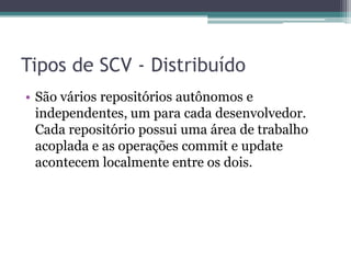 Tipos de SCV - Distribuído
• São vários repositórios autônomos e
  independentes, um para cada desenvolvedor.
  Cada repositório possui uma área de trabalho
  acoplada e as operações commit e update
  acontecem localmente entre os dois.
 