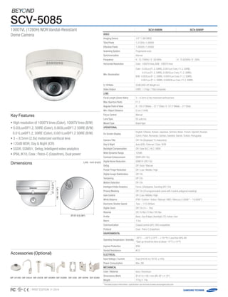 FIRST EDITION 11-2014
SCV-5085N SCV-5085P
Video
Imaging Device 1/3" 1.3M CMOS
Total Pixels 1,312(H) x 1,069(V)
Effective Pixels 1,305(H) x 1,049(V)
Scanning System Progressive scan
Synchronization Internal
Frequency H : 15.734KHz / V : 59.94Hz H : 15.625KHz / V : 50Hz
Horizontal Resolution Color : 1000TV lines, B/W : 1000TV lines
Min. Illumination
Color : 0.03Lux (F1.2, 50IRE), 0.001Lux (1sec, F1.2, 50IRE),
0.01Lux (F1.2, 30IRE), 0.0003Lux (1sec, F1.2, 30IRE)
B/W : 0.003Lux (F1.2, 50IRE), 0.0001Lux (1sec, F1.2, 50IRE),
0.001Lux (F1.2, 30IRE), 0.00003Lux (1sec, F1.2, 30IRE)
S / N Ratio 52dB (AGC off,Weight on)
Video Output CVBS : 1.0 Vpp / 75Ω composite
Lens
Focal Length (Zoom Ratio) 3 ~ 8.5mm (2.8x) motorized varifocal lens
Max.Aperture Ratio F1.2
Angular Field of View H : 105.5°(Wide) ~ 37.1°(Tele) / V : 57.5°(Wide) ~ 21°(Tele)
Min. Object Distance 0.5m (1.64ft)
Focus Control Manual
Lens Type DC auto iris
Mount Type Board type
Operational
On Screen Display
English, Chinese, Korean, Japanese, German, Italian, French, Spanish, Russian,
Czech, Polish, Romanian, Serbian, Swedish, Danish,Turkish, Portuguese
Camera Title Off / On (Displayed 15 characters)
Day  Night Auto (ICR) / External / Color / B/W
Backlight Compensation Off / User BLC / HLC / WDR 	
Wide Dynamic Range 120dB
Contrast Enhancement SSDR (Off / On)
Digital Noise Reduction SSNR IV (Off / On)	
Defog Off / Auto / Manual
Purple Fringe Reduction Off / Low / Middle / High
Digital Image Stabilization Off / On
Tampering Off / On
Motion Detection Off / On
Intelligent Video Analytics Fence, (Dis)Appear, Counting (Off / On)
Privacy Masking Off / On (24 programmable zones with 4 points polygonal masking)
Gain Control Off / Low / Middle / High
White Balance ATW / Outdoor / Indoor / Manual / AWC / Mercury (1,800K° ~ 10,500K°)
Electronic Shutter Speed 1sec ~ 1/12,000sec
Digital Zoom Off / On (1x ~ 16x)
Reverse Off / H-Rev / V-Rev / HV-Rev
Profile Basic, Day  Night, Backlight, ITS, Indoor, User
Alarm 1 Out
Communication Coaxial control (SPC-300 compatible)
Protocol Coax : Pelco-C (Coaxitron)
Environmental
OperatingTemperature / Humidity
-30°C ~ +55°C (-22°F ~ +131°F) / Less than 90% RH
*Start up should be done at above -10°C (+14°F)
Ingress Protection IP66
Vandal Resistance IK10
Electrical
Input Voltage / Current Dual (24V AC  12V DC ±10%)
Power Consumption Max. 5W
Mechanical
Color / Material Ivory / Aluminum
Dimensions (WxH) Ø137.0 x 106.1mm (Ø5.39 x 4.18)
Weight 772g (1.7 lb)
Dimensions Unit : mm (inch)
Key Features
SCV-5085
1000TVL (1280H) WDR Vandal-Resistant
Dome Camera
• High resolution of 1000TV lines (Color), 1000TV lines (B/W)
• 0.03Lux@F1.2, 50IRE (Color), 0.003Lux@F1.2 50IRE (B/W)
0.01Lux@F1.2, 30IRE (Color), 0.001Lux@F1.2 30IRE (B/W)
• 3 ~ 8.5mm (2.8x) motorized varifocal lens
• 120dB WDR, Day  Night (ICR)
• SSDR, SSNRIV, Defog, Intelligent video analytics
• IP66, IK10, Coax : Pelco-C (Coaxitron), Dual power
* The latest product information / specification can be found at www.samsungsecurity.com
Accessories (Optional)
SBP-300LMSBP-301HM2 SBP-300CM SBP-300WM1 SBP-300WM SBP-300B SBP-300PM SBP-300KM
106.1(4.18)
57.7(2.27)
Ø137.0 (5.39)Ø137.0 (5.39)
106.1(4.18)
57.7(2.27)
 