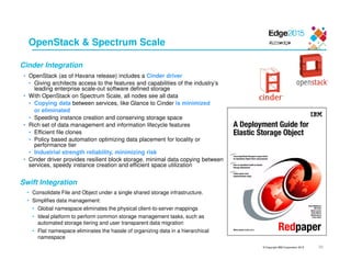 © Copyright IBM Corporation 2015 39
OpenStack & Spectrum Scale
• OpenStack (as of Havana release) includes a Cinder driver
• Giving architects access to the features and capabilities of the industry’s
leading enterprise scale-out software defined storage
• With OpenStack on Spectrum Scale, all nodes see all data
• Copying data between services, like Glance to Cinder is minimized
or eliminated
• Speeding instance creation and conserving storage space
• Rich set of data management and information lifecycle features
• Efficient file clones
• Policy based automation optimizing data placement for locality or
performance tier
• Industrial strength reliability, minimizing risk
• Cinder driver provides resilient block storage, minimal data copying between
services, speedy instance creation and efficient space utilization
Cinder Integration
Swift Integration
• Consolidate File and Object under a single shared storage infrastructure.
• Simplifies data management:
• Global namespace eliminates the physical client-to-server mappings
• Ideal platform to perform common storage management tasks, such as
automated storage tiering and user transparent data migration
• Flat namespace eliminates the hassle of organizing data in a hierarchical
namespace
 