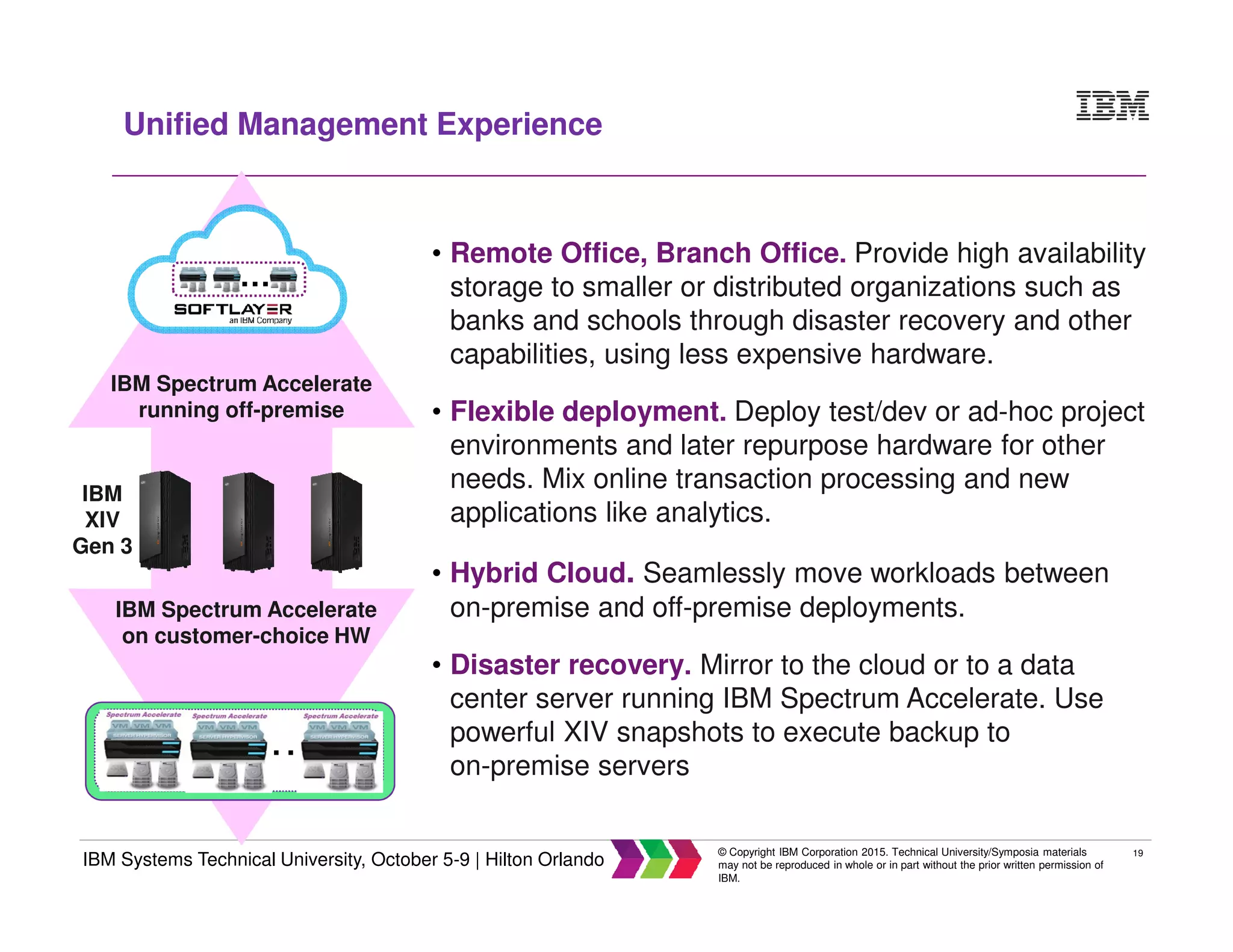 19
IBM Systems Technical University, October 5-9 | Hilton Orlando
© Copyright IBM Corporation 2015. Technical University/Symposia materials
may not be reproduced in whole or in part without the prior written permission of
IBM.
…
…
IBM Spectrum Accelerate
on customer-choice HW
IBM
XIV
Gen 3
IBM Spectrum Accelerate
running off-premise
Unified Management Experience
• Remote Office, Branch Office. Provide high availability
storage to smaller or distributed organizations such as
banks and schools through disaster recovery and other
capabilities, using less expensive hardware.
• Flexible deployment. Deploy test/dev or ad-hoc project
environments and later repurpose hardware for other
needs. Mix online transaction processing and new
applications like analytics.
• Hybrid Cloud. Seamlessly move workloads between
on-premise and off-premise deployments.
• Disaster recovery. Mirror to the cloud or to a data
center server running IBM Spectrum Accelerate. Use
powerful XIV snapshots to execute backup to
on-premise servers
 