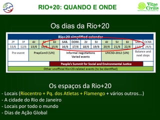 RIO+20: QUANDO E ONDE


                       Os dias da Rio+20




                      Os espaços da Rio+20
- Locais (Riocentro + Pq. dos Atletas + Flamengo + vários outros...)
- A cidade do Rio de Janeiro
- Locais por todo o mundo
- Dias de Ação Global
 