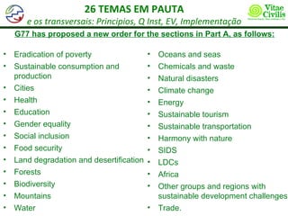 26 TEMAS EM PAUTA
       e os transversais: Principios, Q Inst, EV, Implementação
    G77 has proposed a new order for the sections in Part A, as follows:

•   Eradication of poverty                 •   Oceans and seas
•   Sustainable consumption and            •   Chemicals and waste
    production                             •   Natural disasters
•   Cities                                 •   Climate change
•   Health                                 •   Energy
•   Education                              •   Sustainable tourism
•   Gender equality                        •   Sustainable transportation
•   Social inclusion                       •   Harmony with nature
•   Food security                          •   SIDS
•   Land degradation and desertification   •   LDCs
•   Forests                                •   Africa
•   Biodiversity                           •   Other groups and regions with
•   Mountains                                  sustainable development challenges
•   Water                                  •   Trade.
 