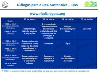 Diálogos para o Des. Sustentável - DDS

                           www.riodialogues.org




* ONGs e movimentos sociais, sindicatos, empresas, governos sub-nacionais e academia.
 