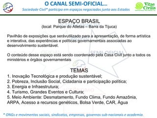 O CANAL SEMI-OFICIAL…
           Sociedade Civil* participa em espaços negociados junto aos Estados


                                 ESPAÇO BRASIL
                       (local: Parque do Atletas – Barra da Tijuca)

  Pavilhão de exposições que serávutilizado para a apresentação, de forma artística
  e interativa, das experiências e políticas governamentais associadas ao
  desenvolvimento sustentável.

  O conteúdo desse espaço está sendo coordenado pela Casa Civil junto a todos os
  ministérios e órgãos governamentais

                                        TEMAS
  1. Inovação Tecnológica e produção sustentável;
  2. Pobreza, Inclusão Social, Cidadania e participação política;
  3. Energia e Infraestrutura;
  4. Turismo, Grandes Eventos e Cultura;
  5. Meio Ambiente: Desmatamento, Fundo Clima, Fundo Amazônia,
  ARPA, Acesso a recursos genéticos, Bolsa Verde, CAR, Água

* ONGs e movimentos sociais, sindicatos, empresas, governos sub-nacionais e academia.
 