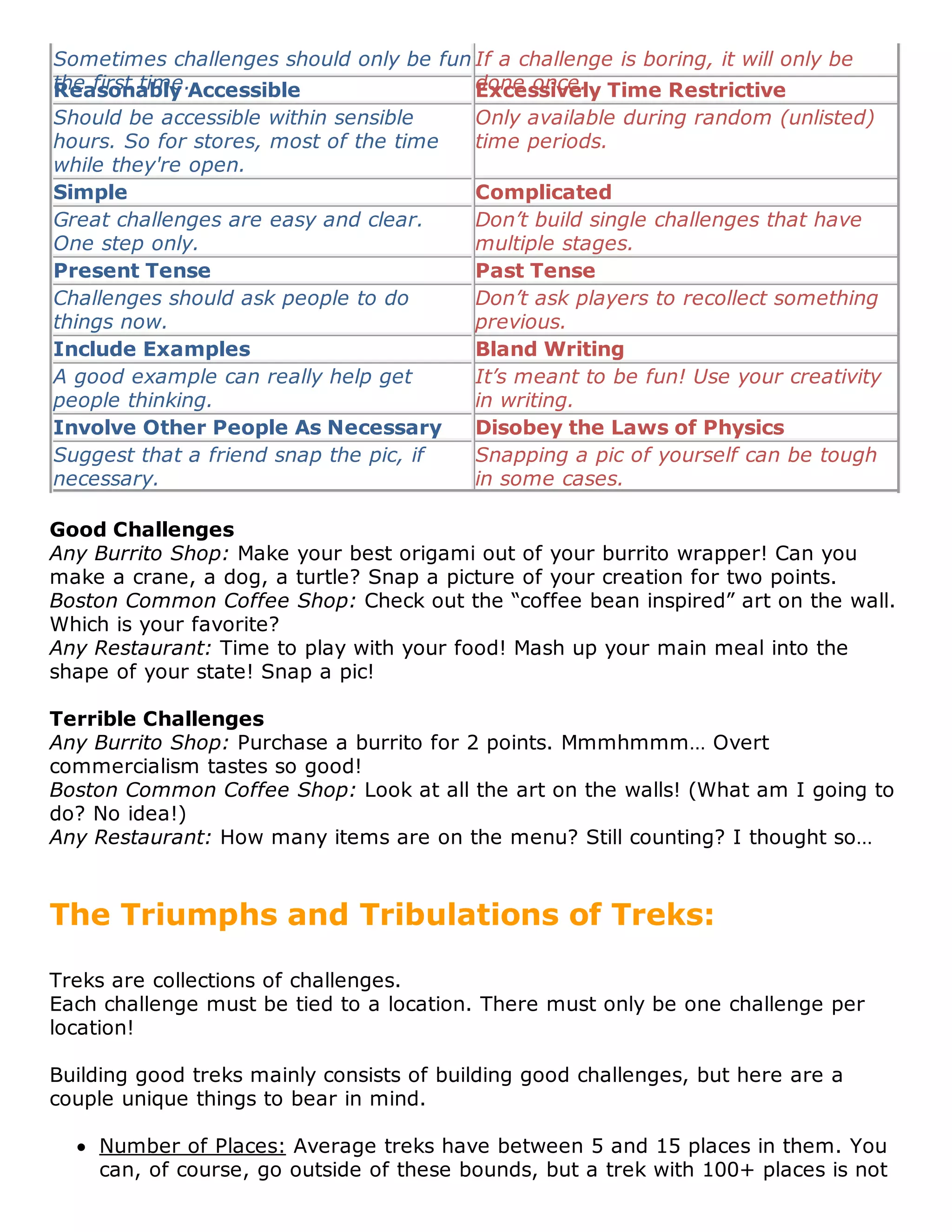 Sometimes challenges should only be fun If a challenge is boring, it will only be
the first time.Accessible
Reasonably                              done once. Time Restrictive
                                        Excessively
Should be accessible within sensible    Only available during random (unlisted)
hours. So for stores, most of the time  time periods.
while they're open.
Simple                                  Complicated
Great challenges are easy and clear.    Don’t build single challenges that have
One step only.                          multiple stages.
Present Tense                           Past Tense
Challenges should ask people to do      Don’t ask players to recollect something
things now.                             previous.
Include Examples                        Bland Writing
A good example can really help get      It’s meant to be fun! Use your creativity
people thinking.                        in writing.
Involve Other People As Necessary       Disobey the Laws of Physics
Suggest that a friend snap the pic, if  Snapping a pic of yourself can be tough
necessary.                              in some cases.

Good Challenges
Any Burrito Shop: Make your best origami out of your burrito wrapper! Can you
make a crane, a dog, a turtle? Snap a picture of your creation for two points.
Boston Common Coffee Shop: Check out the “coffee bean inspired” art on the wall.
Which is your favorite?
Any Restaurant: Time to play with your food! Mash up your main meal into the
shape of your state! Snap a pic!

Terrible Challenges
Any Burrito Shop: Purchase a burrito for 2 points. Mmmhmmm… Overt
commercialism tastes so good!
Boston Common Coffee Shop: Look at all the art on the walls! (What am I going to
do? No idea!)
Any Restaurant: How many items are on the menu? Still counting? I thought so…



The Triumphs and Tribulations of Treks:

Treks are collections of challenges.
Each challenge must be tied to a location. There must only be one challenge per
location!

Building good treks mainly consists of building good challenges, but here are a
couple unique things to bear in mind.

    Number of Places: Average treks have between 5 and 15 places in them. You
    can, of course, go outside of these bounds, but a trek with 100+ places is not
 