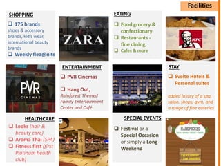 SPECIAL EVENTS
EATINGSHOPPING
ENTERTAINMENT STAY
HEALTHCARE
 PVR Cinemas
 Hang Out,
Rainforest Themed
Family Entertainment
Center and Café
 175 brands
shoes & accessory
brands, kid’s wear,
international beauty
brands
 Weekly flea@nite
 Food grocery &
confectionary
 Restaurants -
fine dining,
 Cafes & more
 Looks (hair &
beauty care)
 Aroma Thai (SPA)
 Fitness first (first
Platinum health
club)
 Festival or a
Special Occasion
or simply a Long
Weekend
 Svelte Hotels &
Personal suites
added luxury of a spa,
salon, shops, gym, and
a range of fine eateries
Facilities
 