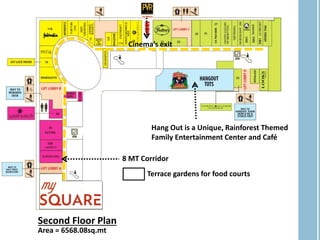 Cinema’s exit
Terrace gardens for food courts
Area = 6568.08sq.mt
Second Floor Plan
8 MT Corridor
Hang Out is a Unique, Rainforest Themed
Family Entertainment Center and Café
 