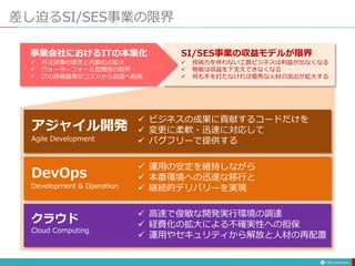 差し迫るSI/SES事業の限界
アジャイル開発
Agile Development
 ビジネスの成果に貢献するコードだけを
 変更に柔軟・迅速に対応して
 バグフリーで提供する
DevOps
Development & Operation
 運用の安定を維持しながら
 本番環境への迅速な移行と
 継続的デリバリーを実現
クラウド
Cloud Computing
 高速で俊敏な開発実行環境の調達
 経費化の拡大による不確実性への担保
 運用やセキュリティから解放と人材の再配置
SI/SES事業の収益モデルが限界
 技術力を伴わない工数ビジネスは利益が出なくなる
 物販は収益を下支えできなくなる
 何も手を打たなければ優秀な人材の流出が拡大する
事業会社におけるITの本業化
 外注対象の限定と内製化の拡大
 ウォーターフォール型開発の限界
 ITの評価基準がコストから投資へ転換
 