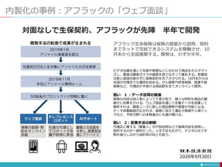 内製化の事例：アフラックの「ウェブ面談」
対面なしで生保契約、アフラックが先陣 半年で開発
アフラック生命保険は保険の提案から説明、契約
までネットで完結できるシステムを稼働させ、10
月末から全国展開する。開発は、わずか半年。
2020年9月30日
ビデオ会議を通じて年齢や病歴などに合わせて商品をカスタマイ
ズし、最後は顧客がスマホ画面を指でなぞって署名する。営業担
当者と直接対面せずに保険契約を完了させられる。10月末からは
全国の代理店でも運用を始める。がん保険や終身保険、就業不能
保険など、代理店が手掛ける商品群を全てオンラインで提供。
狙い 1 ：データ活用の推進
保険の内容は加入者によって千差万別で、様々な特約も商品の複
雑さに拍車をかける。ウェブ面談を通じて定量データを収集して
解析すれば、顧客ニーズに即した商品開発や提案が可能になる。
データ収集範囲が広がれば、保険に加えて遺伝子検査や人間ドッ
クなど、予防分野への本格進出にも道が開ける。
狙い 2：営業手法の刷新
代理店に属する「募集人」が戸別訪問などで保険内容を説明し、
契約するのが一般的だった。人手不足も広がり、デジタル化で手
間を減らしながら成約率の向上も狙う。
 