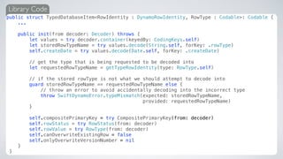 Library Code
public struct TypedDatabaseItem<RowIdentity : DynamoRowIdentity, RowType : Codable>: Codable {
...
public init(from decoder: Decoder) throws {
let values = try decoder.container(keyedBy: CodingKeys.self)
let storedRowTypeName = try values.decode(String.self, forKey: .rowType)
self.createDate = try values.decode(Date.self, forKey: .createDate)
// get the type that is being requested to be decoded into
let requestedRowTypeName = getTypeRowIdentity(type: RowType.self)
// if the stored rowType is not what we should attempt to decode into
guard storedRowTypeName == requestedRowTypeName else {
// throw an error to avoid accidentally decoding into the incorrect type
throw SwiftDynamoError.typeMismatch(expected: storedRowTypeName,
provided: requestedRowTypeName)
}
self.compositePrimaryKey = try CompositePrimaryKey(from: decoder)
self.rowStatus = try RowStatus(from: decoder)
self.rowValue = try RowType(from: decoder)
self.canOverwriteExistingRow = false
self.onlyOverwriteVersionNumber = nil
}
}
 