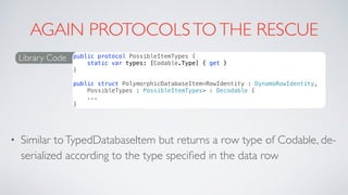 AGAIN PROTOCOLSTOTHE RESCUE
• Similar toTypedDatabaseItem but returns a row type of Codable, de-
serialized according to the type speciﬁed in the data row
Library Code public protocol PossibleItemTypes {
static var types: [Codable.Type] { get }
}
public struct PolymorphicDatabaseItem<RowIdentity : DynamoRowIdentity,
PossibleTypes : PossibleItemTypes> : Decodable {
...
}
 