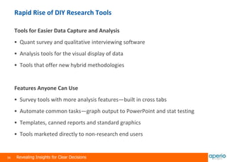 34 Revealing Insights for Clear Decisions
Rapid Rise of DIY Research Tools
Tools for Easier Data Capture and Analysis
 Quant survey and qualitative interviewing software
 Analysis tools for the visual display of data
 Tools that offer new hybrid methodologies
Features Anyone Can Use
 Survey tools with more analysis features—built in cross tabs
 Automate common tasks—graph output to PowerPoint and stat testing
 Templates, canned reports and standard graphics
 Tools marketed directly to non-research end users
 