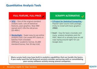 37 Revealing Insights for Clear Decisions
Quantitative Analysis Tools
Many survey tools now have built-in analytics capabilities that can handle the basics.
If you really need the full featured versions consider partnering with or consolidating
your survey software activity among several companies.
FULL FEATURE, FULL PRICE
• SPSS – One of the original standard
analytic tools. Lots of statistical
features, poor graphics. Now IBM
owned and 5-10x the old prices
($5-40K+)
• MarketSight – Super easy to use online
analytics tool. Can create PPT charts in
batches from crosstabs
($99/year academic license, $1,600
standard license, free 30 day trial)
SCRAPPY ALTERNATIVE
• R Project for Statistical Computing –
Popular open source stats package,
tricky to install with basic graphics
(FREE)
• Excel – Easy for basic crosstabs and
many analysis templates exist for
FREE. Most of us already have an old
copy laying around right? Or use
Google docs
 